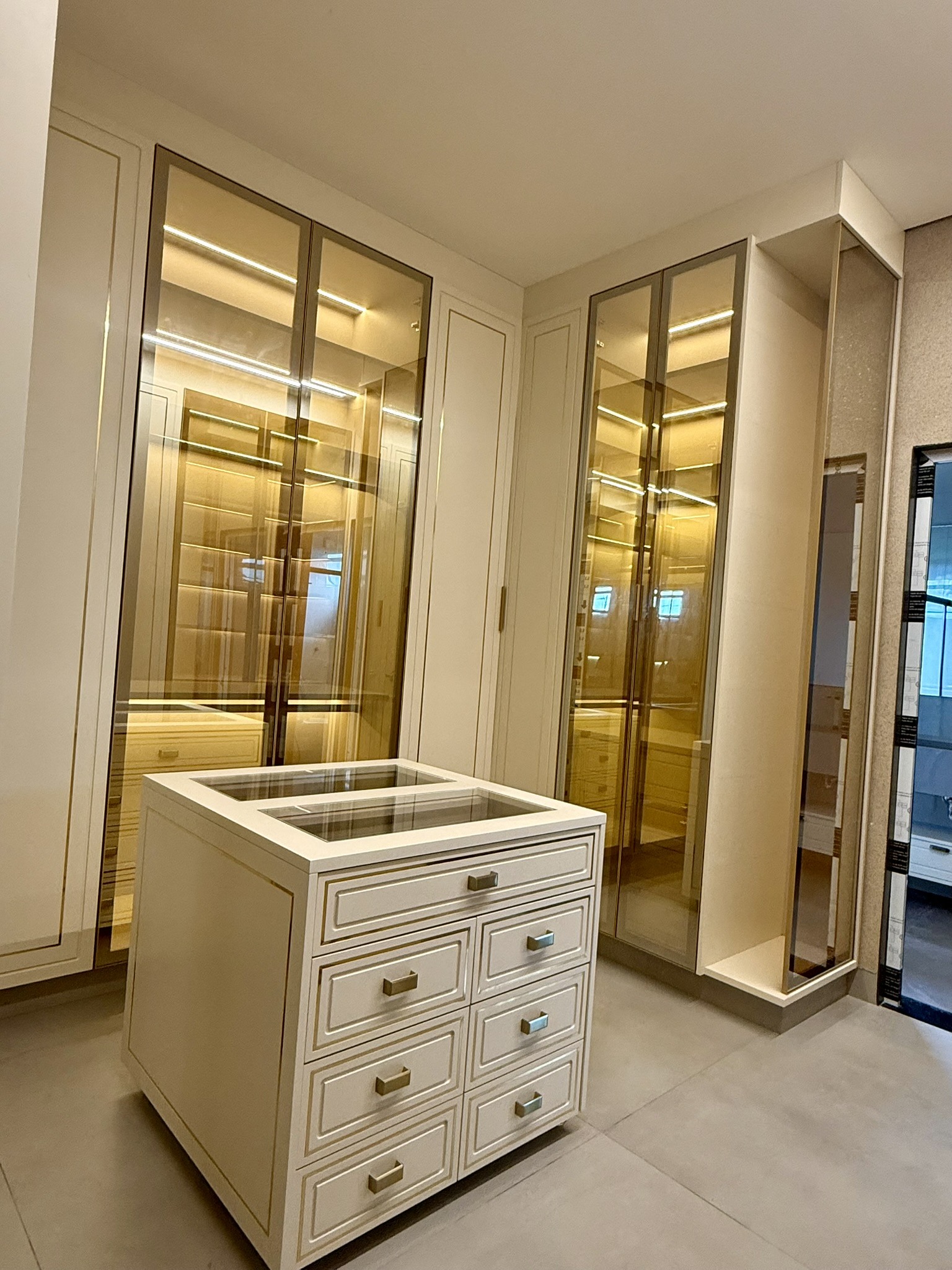 Closet com portas de vidro e ilha